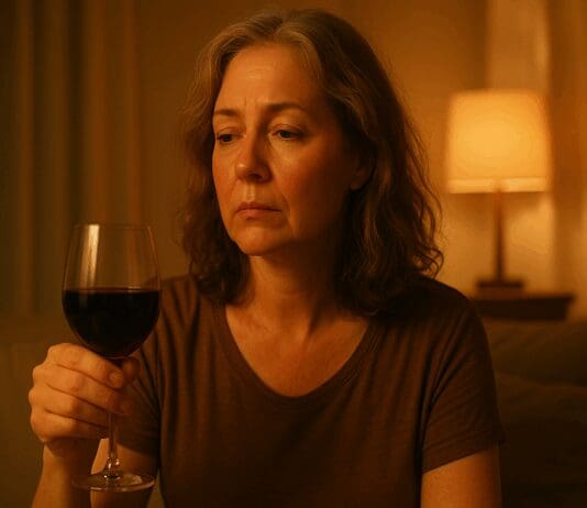 How Alcohol Affects Hot Flashes: A Vital Guide to Perimenopause and Alcohol Midlife woman holding a wine glass alone in a warm-lit room, reflecting quietly—illustrating the link between perimenopause and alcohol.