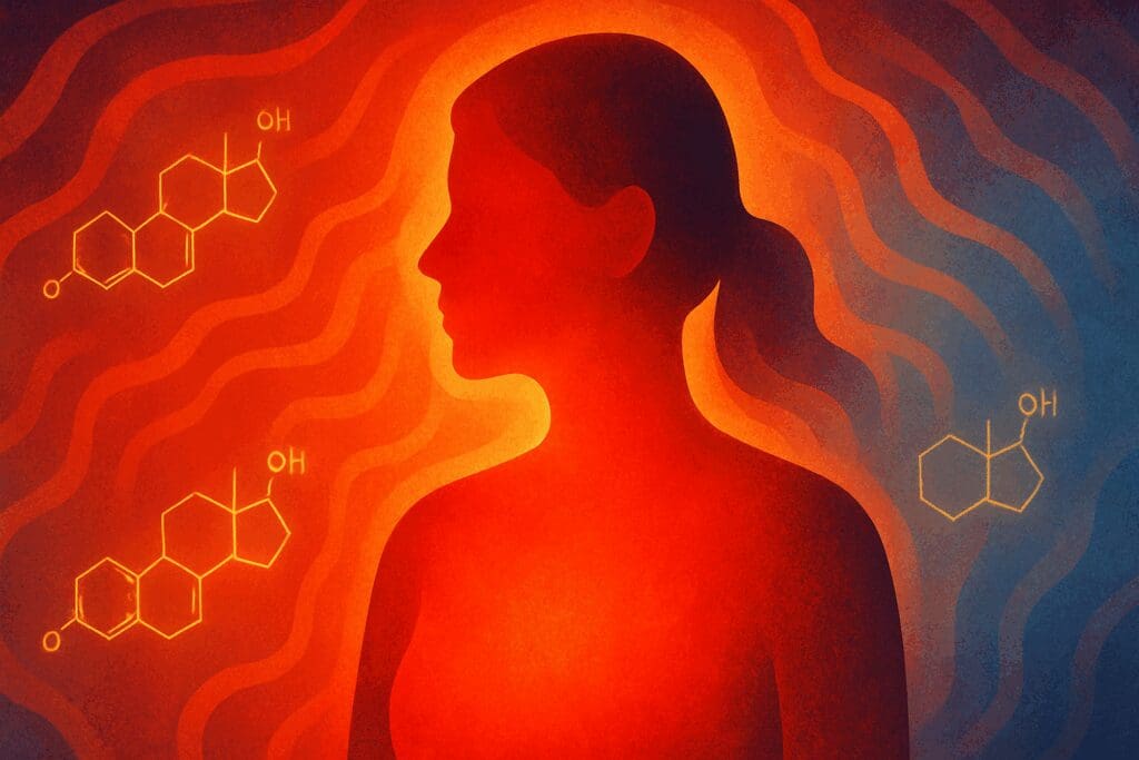 Abstract illustration of a flushed female silhouette surrounded by heat waves and estrogen symbols, representing hormonal shifts during perimenopause and alcohol-related hot flashes.