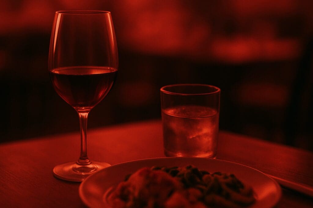 Dinner table with red wine, melting ice water, and food under tense lighting—symbolizing moderation and the effects of perimenopause and alcohol.