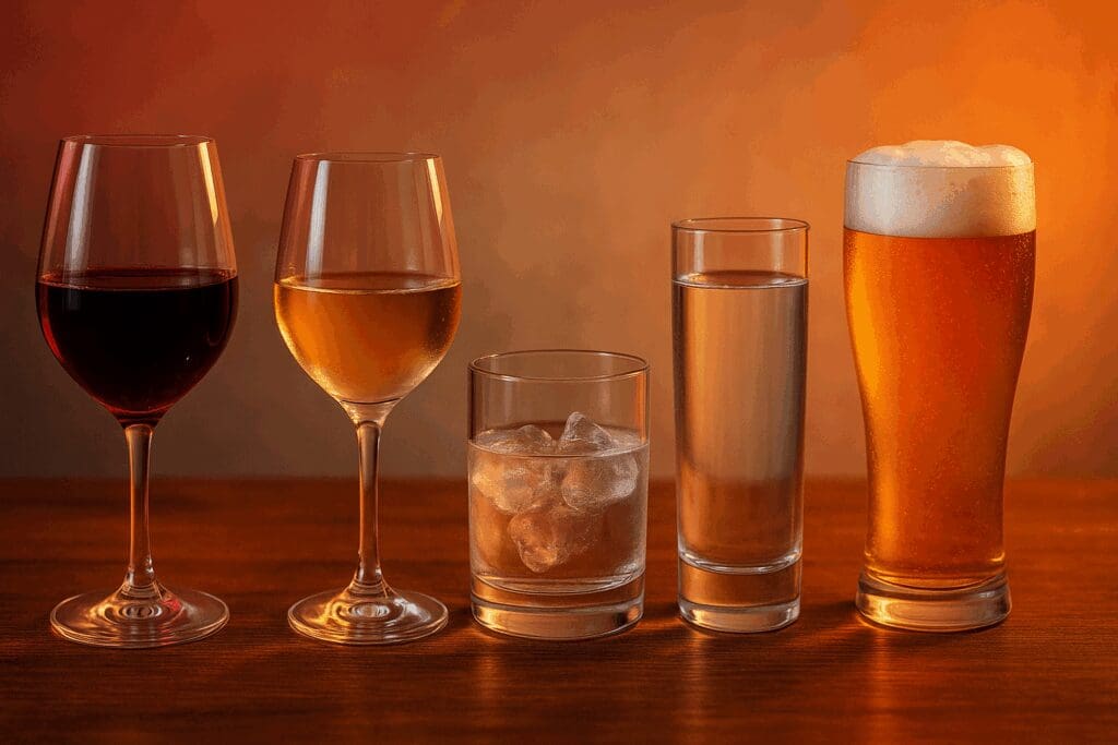 Five types of alcohol—red wine, white wine, gin, vodka, and beer—on a wooden bar counter under warm lighting, illustrating the relationship between perimenopause and alcohol.