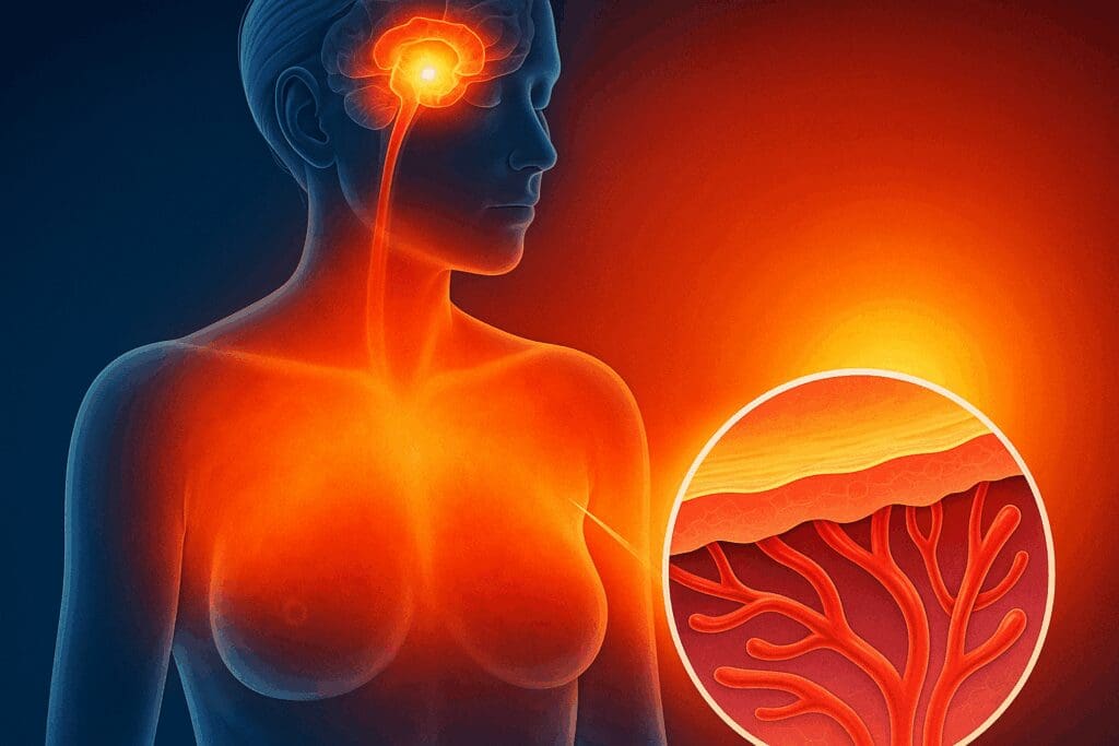 Stylized medical illustration showing how perimenopause and alcohol affect body heat, with dilated blood vessels and a glowing hypothalamus
