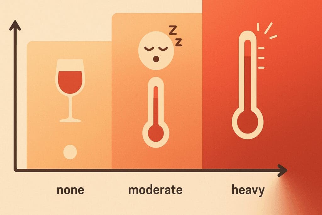 Visual infographic comparing perimenopause and alcohol effects, using wine glasses and thermometers to show increasing hot flash severity