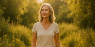 The Vital Truth About When to Start Hormone Replacement Therapy During Menopause Confident midlife woman walking through a sunlit garden, symbolizing health and clarity during menopause and when to start hormone replacement therapy