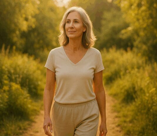 The Vital Truth About When to Start Hormone Replacement Therapy During Menopause Confident midlife woman walking through a sunlit garden, symbolizing health and clarity during menopause and when to start hormone replacement therapy