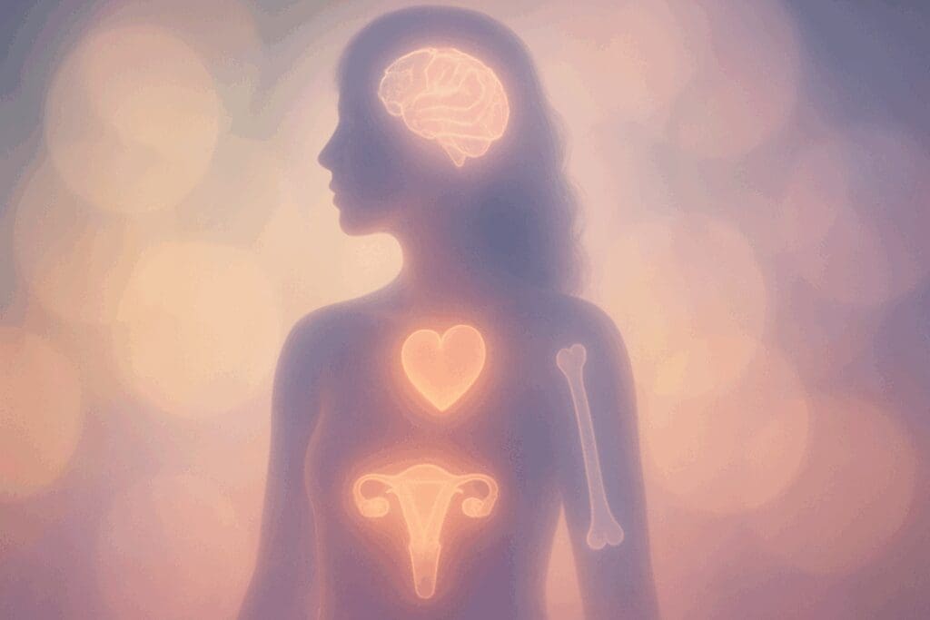 Conceptual illustration of a woman’s silhouette with glowing symbols of brain, heart, bones, and uterus, visualizing when to start hormone replacement therapy.