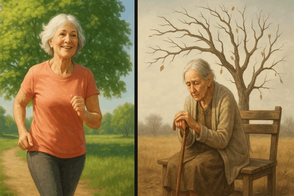 Split image showing vibrant aging after early HRT and physical decline from delayed treatment, illustrating when to start hormone replacement therapy