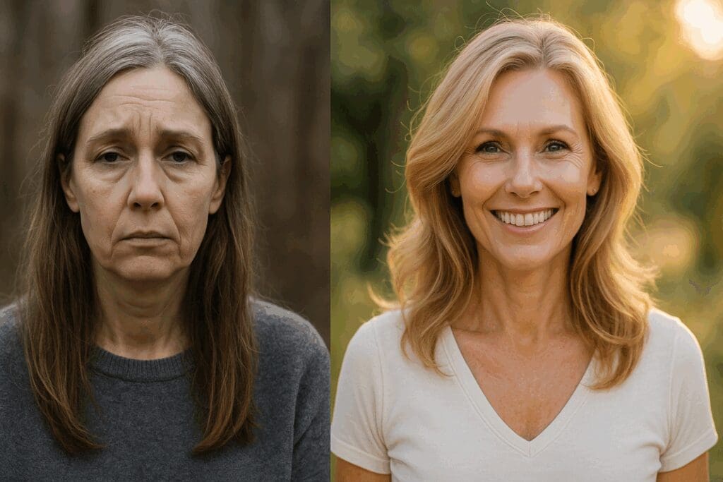 Before-and-after portraits of a woman showing visible rejuvenation to illustrate when to start hormone replacement therapy