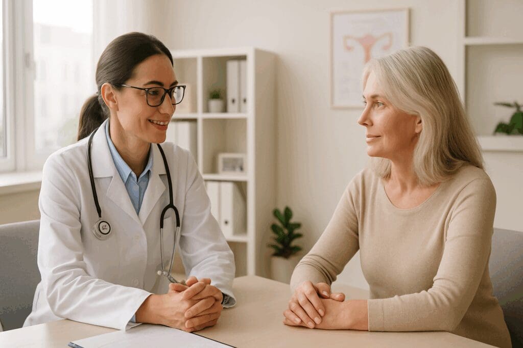Female doctor consulting with a midlife woman in a clinic, discussing when to start hormone replacement therapy
