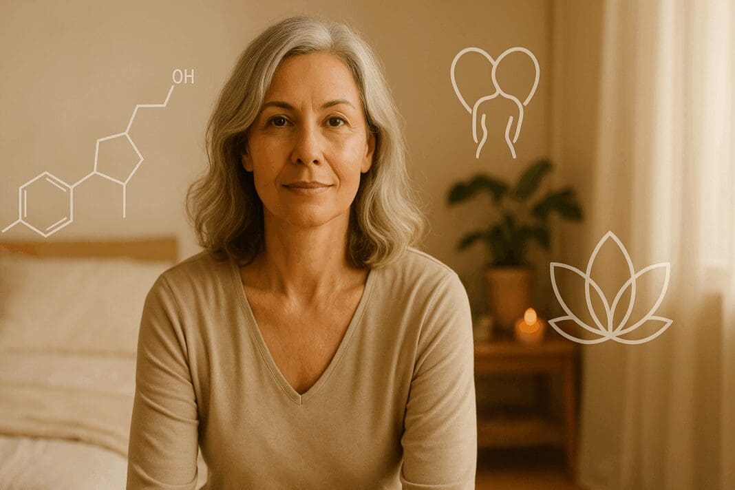 Confident middle-aged woman in warm bedroom setting, symbolizing wellness, sex and hormones balance.