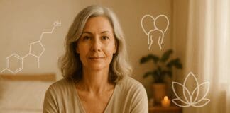 The Vital Link Between Sex and Hormones During Menopause: What Every Woman Should Know Confident middle-aged woman in warm bedroom setting, symbolizing wellness, sex and hormones balance.