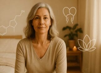 The Vital Link Between Sex and Hormones During Menopause: What Every Woman Should Know Confident middle-aged woman in warm bedroom setting, symbolizing wellness, sex and hormones balance.