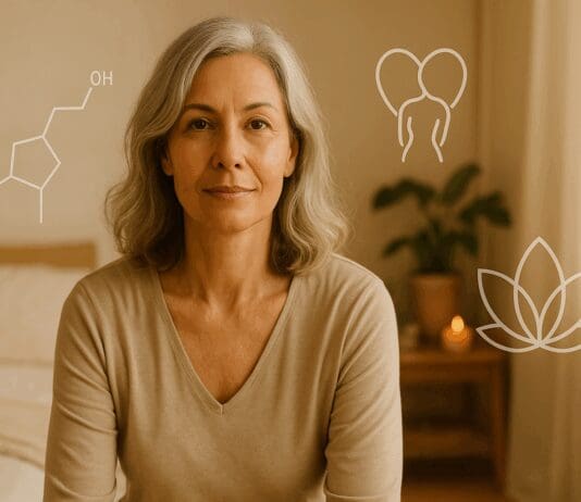 The Vital Link Between Sex and Hormones During Menopause: What Every Woman Should Know Confident middle-aged woman in warm bedroom setting, symbolizing wellness, sex and hormones balance.