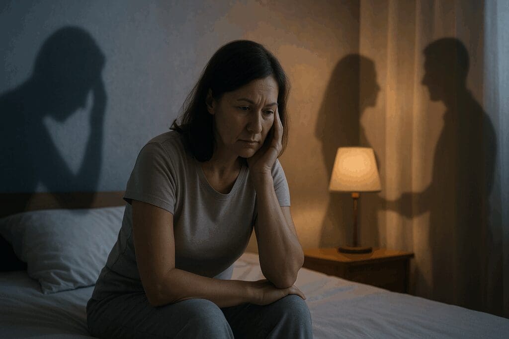 Middle-aged woman sitting on bed in dim lighting, reflecting on challenges tied to sex and hormones during menopause.

