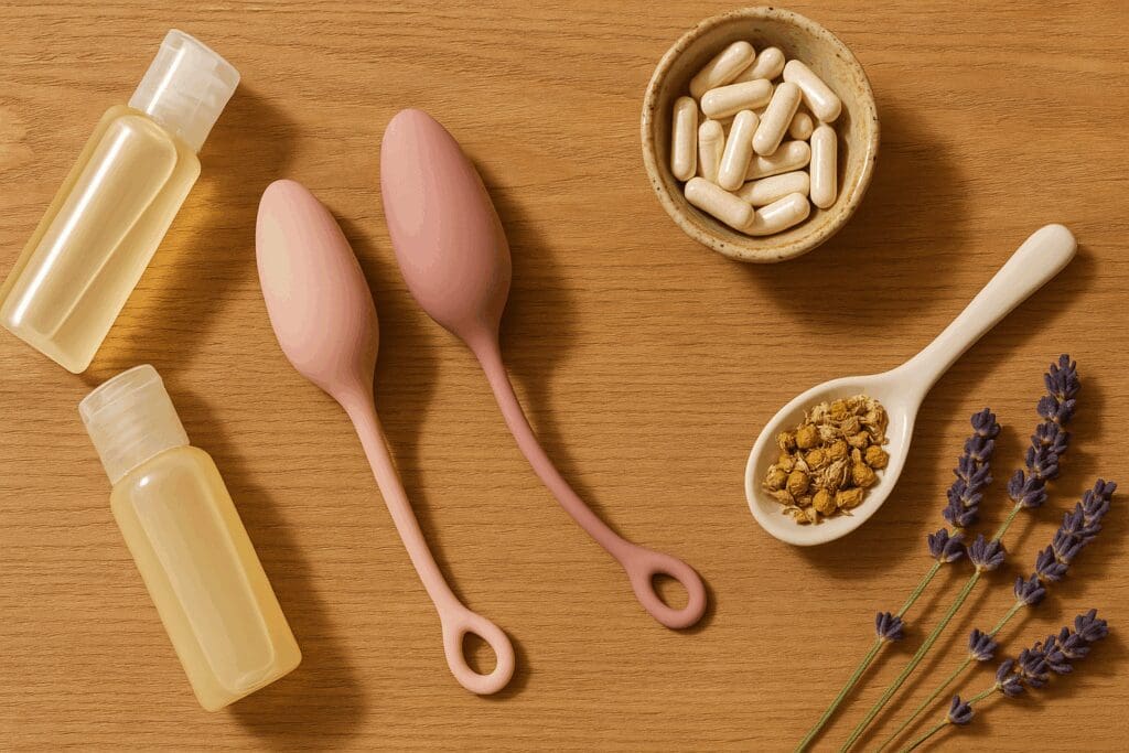 Non-hormonal therapy tools for managing changes related to sex and hormones, including lubricants, pelvic floor aids, and herbal supplements on a wooden surface