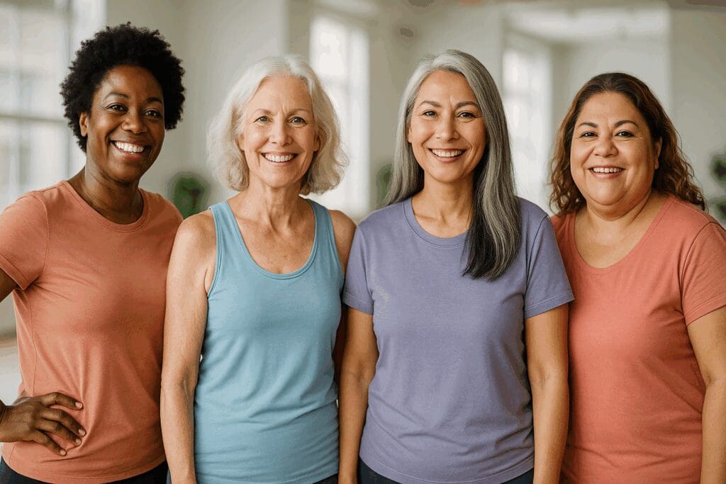 Diverse group of confident middle-aged women at a wellness event, representing empowerment in discussions about sex and hormones