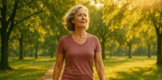 Essential Ways to Protect Bone Health: How to Prevent Osteoporosis After Hysterectomy Confident middle-aged woman walking through a sunlit park, symbolizing strength and vitality—representing how to prevent osteoporosis after hysterectomy.