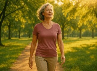 Essential Ways to Protect Bone Health: How to Prevent Osteoporosis After Hysterectomy Confident middle-aged woman walking through a sunlit park, symbolizing strength and vitality—representing how to prevent osteoporosis after hysterectomy.
