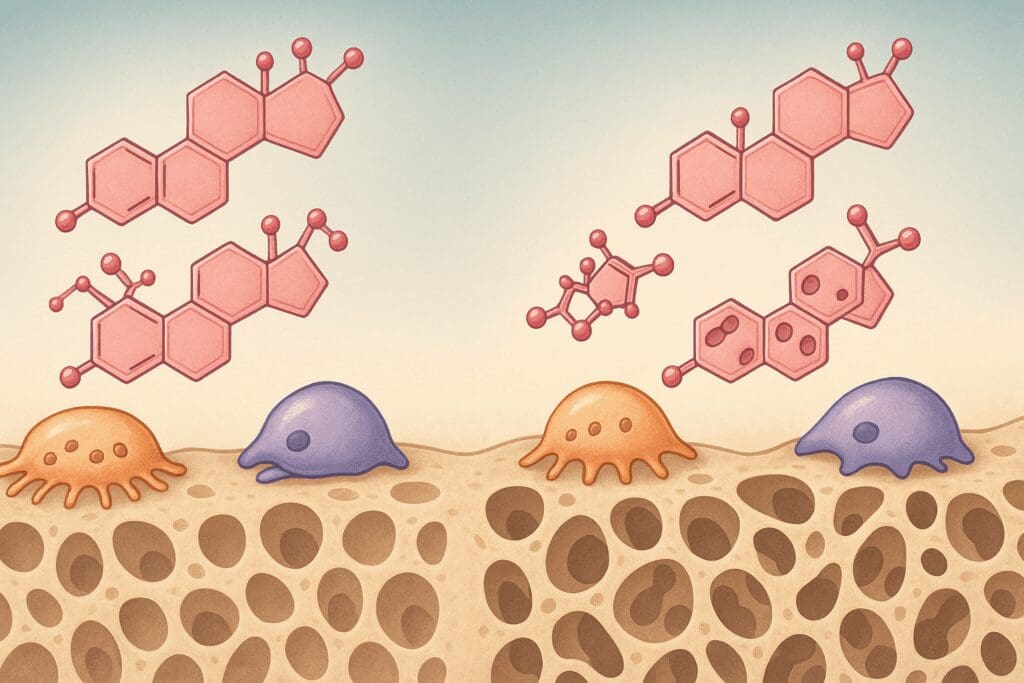 Estrogen molecules interacting with bone cells, showing how to prevent osteoporosis after hysterectomy through hormone balance
