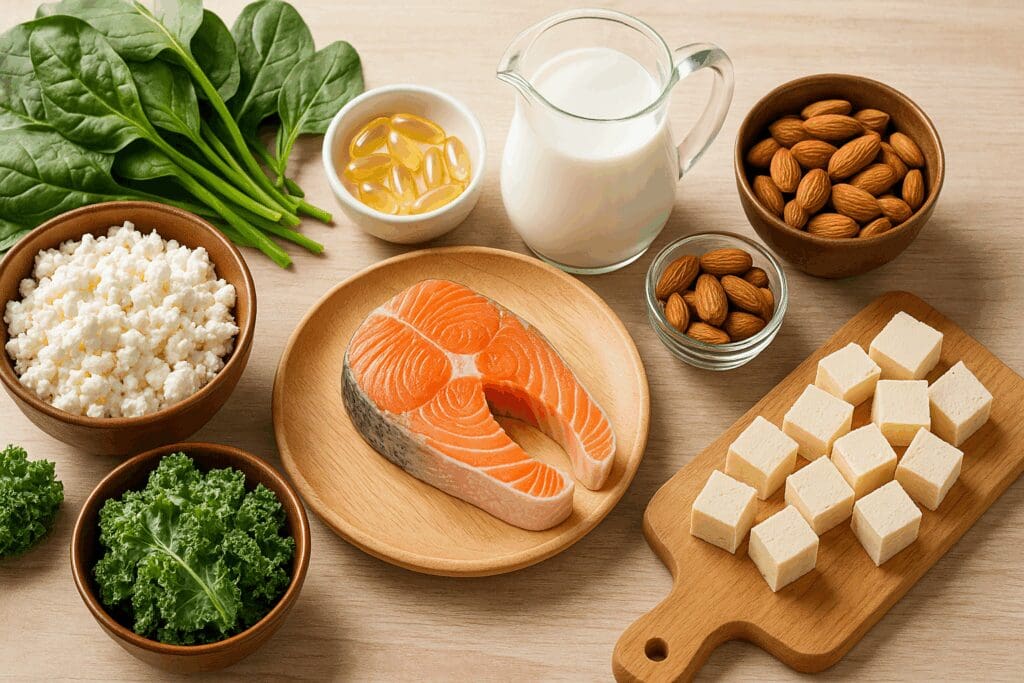 Nutrient-rich foods like leafy greens, salmon, tofu, dairy, and almonds displayed to show how to prevent osteoporosis after hysterectomy