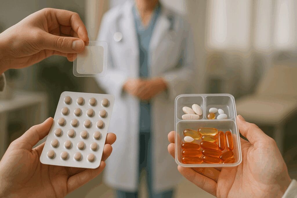Comparison of hormone therapy and non-hormonal medications in a medical setting, illustrating how to prevent osteoporosis after hysterectomy