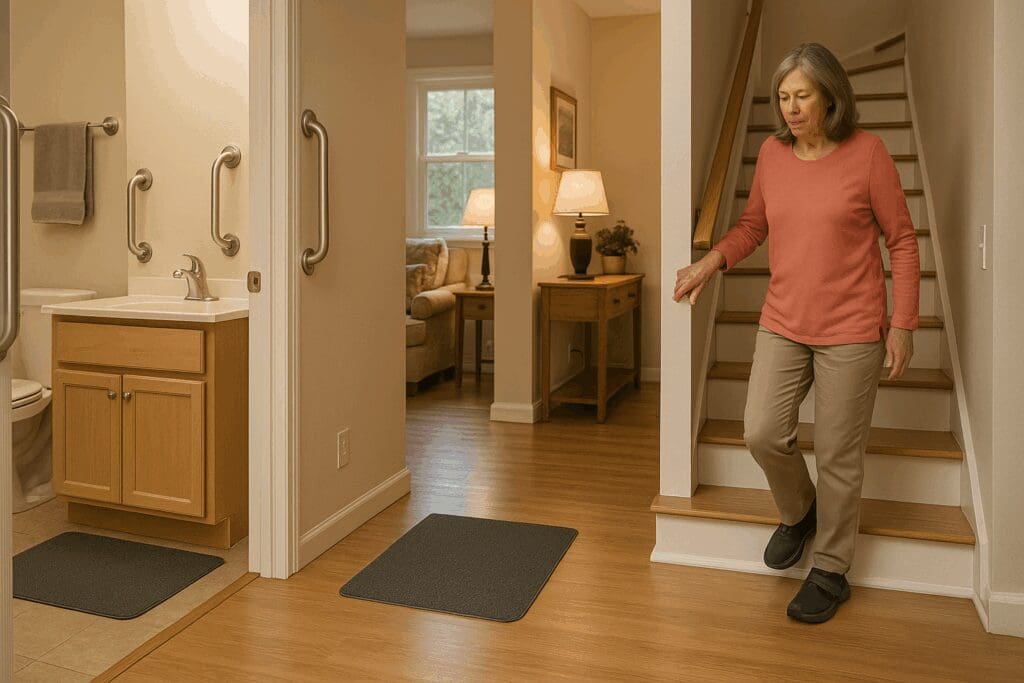 Woman wearing supportive shoes descends well-lit stairs in a home with grab bars and non-slip mats, illustrating how to prevent osteoporosis after hysterectomy.