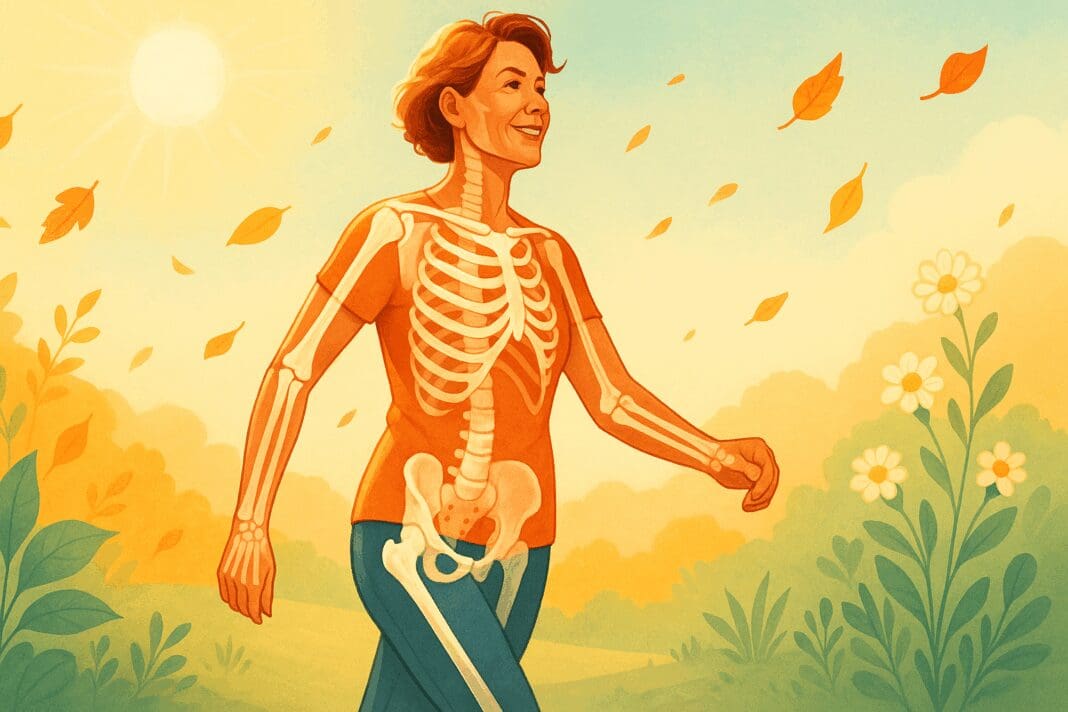 Middle-aged woman walking outdoors in sunlight with an anatomical overlay of strong bones and joints, symbolizing vitality and the best vitamin for bones and joints.