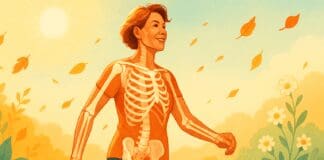 Middle-aged woman walking outdoors in sunlight with an anatomical overlay of strong bones and joints, symbolizing vitality and the best vitamin for bones and joints."