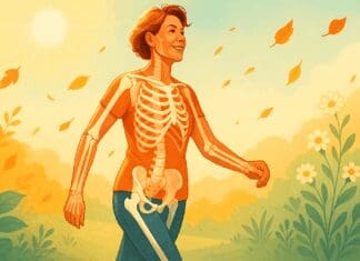 The Essential Guide to the Best Vitamin for Bones and Joints During Menopause Middle-aged woman walking outdoors in sunlight with an anatomical overlay of strong bones and joints, symbolizing vitality and the best vitamin for bones and joints."