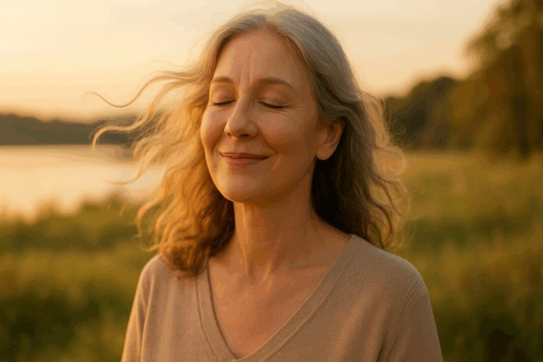 Serene middle-aged woman with eyes closed, smiling peacefully in nature at sunset, symbolizing emotional balance from menopause mood swings treatment.