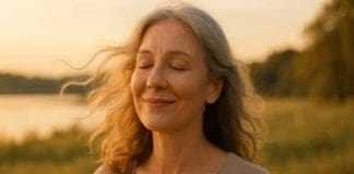 Effective Strategies for Emotional Balance: Proven Menopause Mood Swings Treatment That Works Serene middle-aged woman with eyes closed, smiling peacefully in nature at sunset, symbolizing emotional balance from menopause mood swings treatment.