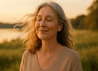 Effective Strategies for Emotional Balance: Proven Menopause Mood Swings Treatment That Works Serene middle-aged woman with eyes closed, smiling peacefully in nature at sunset, symbolizing emotional balance from menopause mood swings treatment.