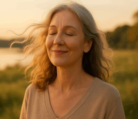 Serene middle-aged woman with eyes closed, smiling peacefully in nature at sunset, symbolizing emotional balance from menopause mood swings treatment.
