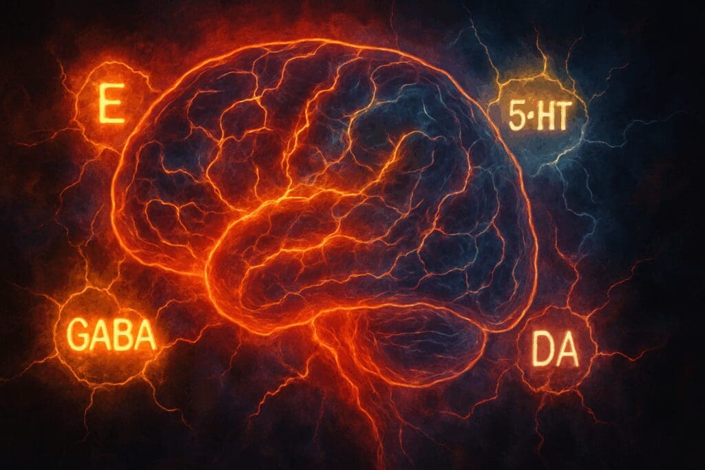 Glowing neural illustration of the brain showing disrupted estrogen, serotonin, dopamine, and GABA activity, symbolizing menopause mood swings treatment challenges.