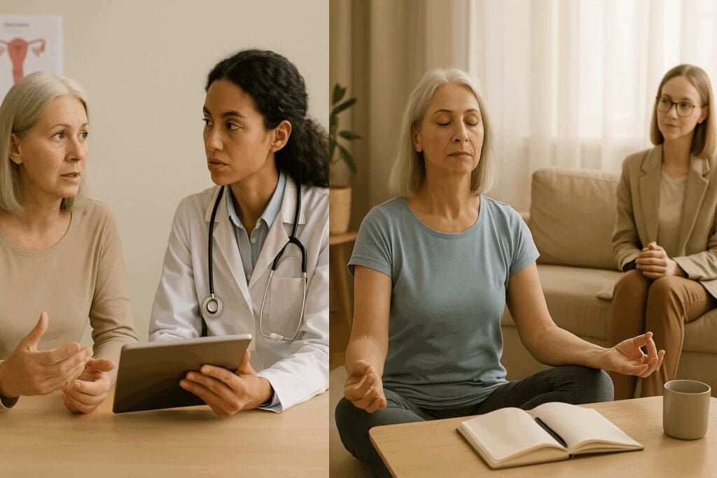 Split scene showing menopause mood swings treatment with a woman consulting a doctor on the left and practicing yoga and therapy on the right