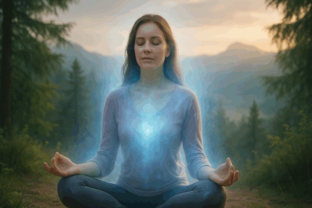 Woman meditating in nature with glowing aura symbolizing energy healing and inner peace, representing menopause mood swings treatment.