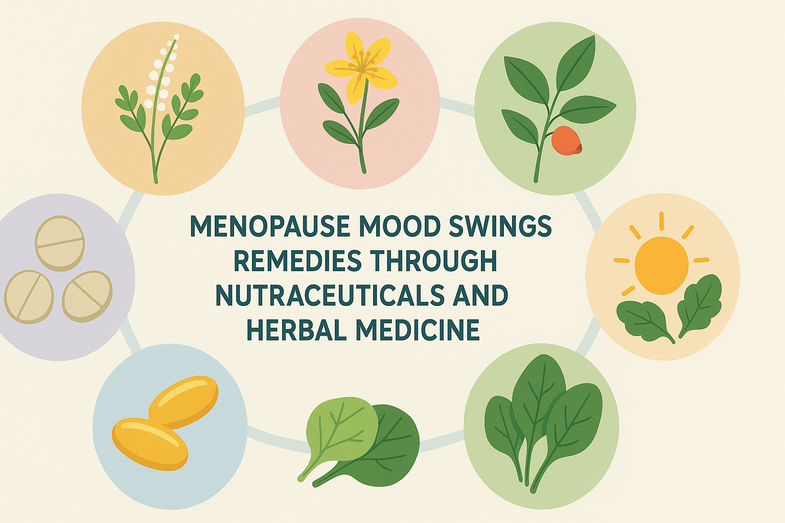 Circular diagram of natural menopause mood swings treatment options including black cohosh, St. John’s Wort, ashwagandha, B vitamins, omega-3 capsules, and vitamin D sources.