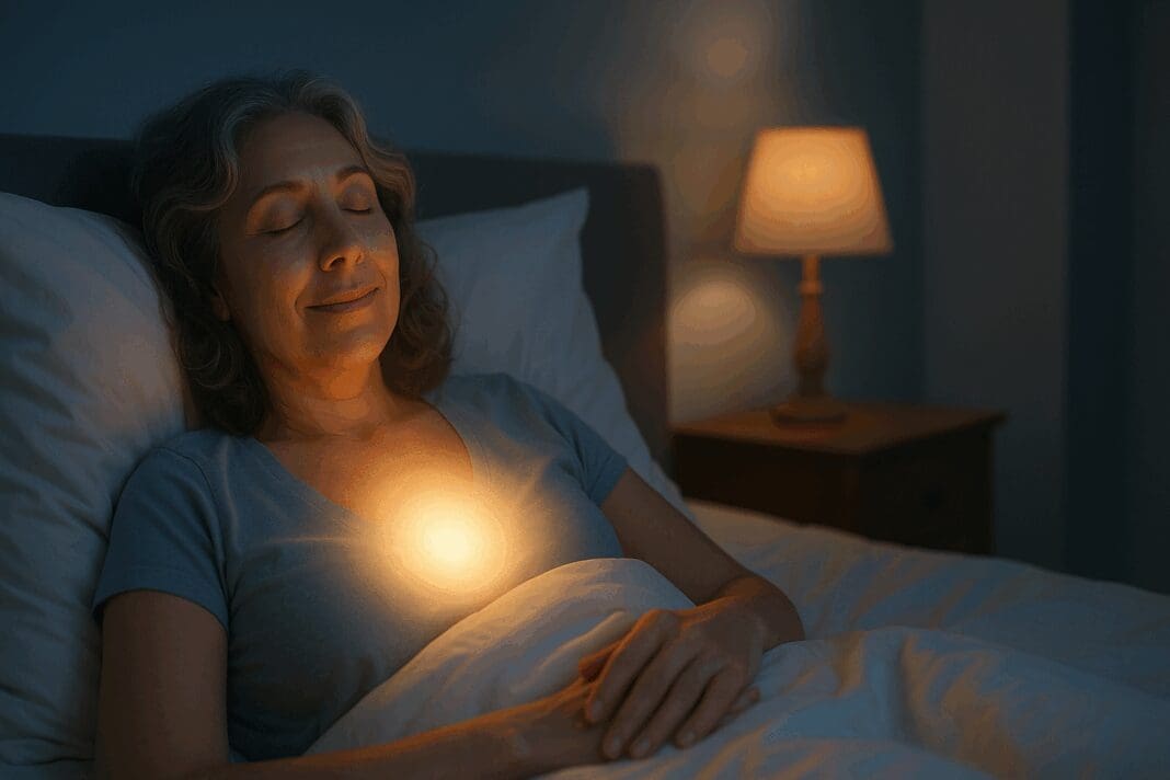 Serene midlife woman sleeping peacefully with a soft glow, symbolizing menopause relief from paroxetine for hot flashes