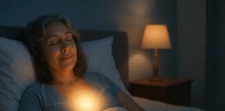 Serene midlife woman sleeping peacefully with a soft glow, symbolizing menopause relief from paroxetine for hot flashes