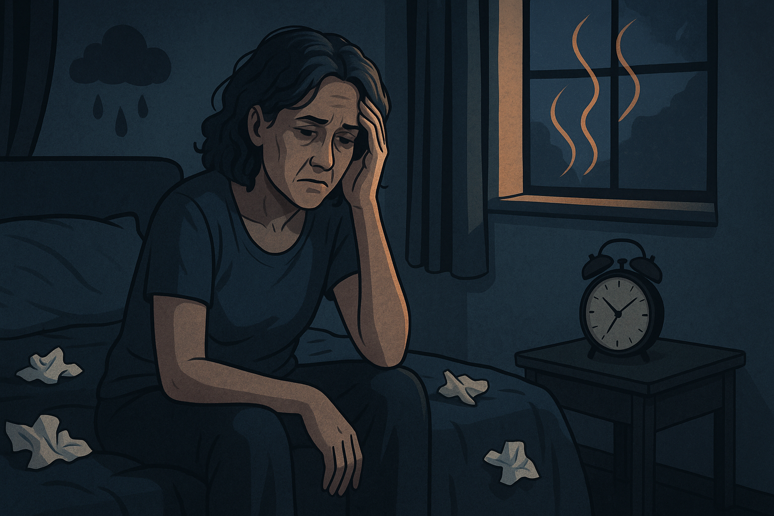 Somber midlife woman with fatigue and anxiety sitting on bed at night, symbolizing emotional distress while taking paroxetine for hot flashes.