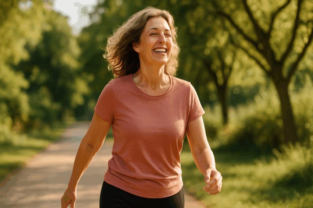 Confident middle-aged woman walking outdoors in sunlight, feeling energized and relieved after taking paroxetine for hot flashes.