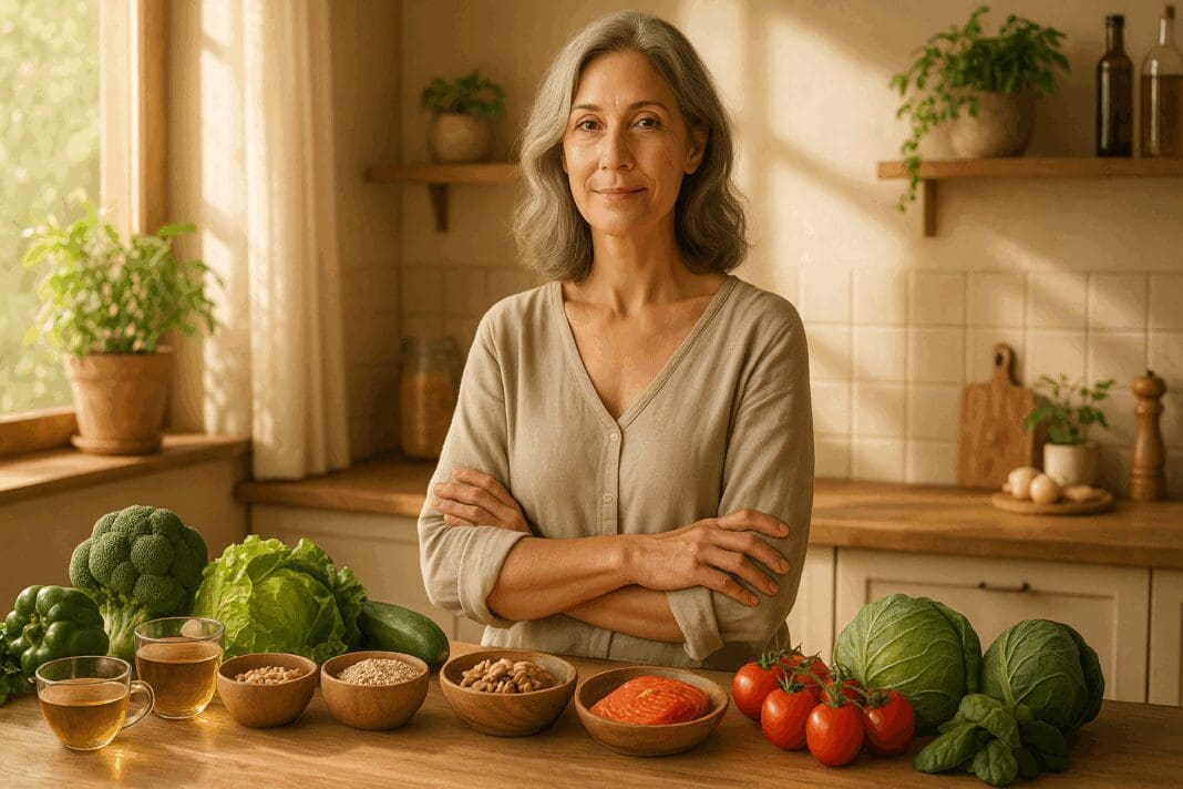 Confident middle-aged woman in a sunlit kitchen surrounded by salmon, walnuts, herbal teas, and vegetables as part of a perimenopause nutrition plan
