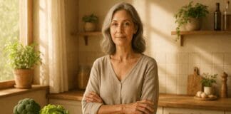 The Ultimate Perimenopause Nutrition Plan for Vital Hormonal Balance and Energy Confident middle-aged woman in a sunlit kitchen surrounded by salmon, walnuts, herbal teas, and vegetables as part of a perimenopause nutrition plan