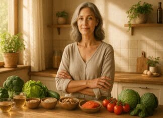 The Ultimate Perimenopause Nutrition Plan for Vital Hormonal Balance and Energy Confident middle-aged woman in a sunlit kitchen surrounded by salmon, walnuts, herbal teas, and vegetables as part of a perimenopause nutrition plan