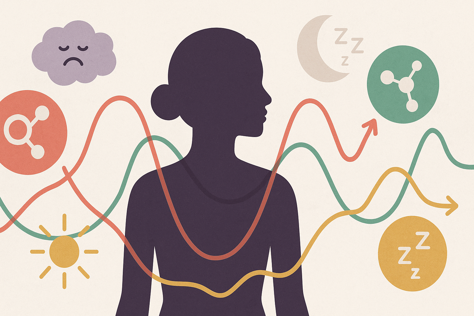 Stylized diagram of a woman’s silhouette surrounded by hormonal symbols and wave patterns illustrating mood, energy, and sleep shifts, related to a perimenopause nutrition plan.