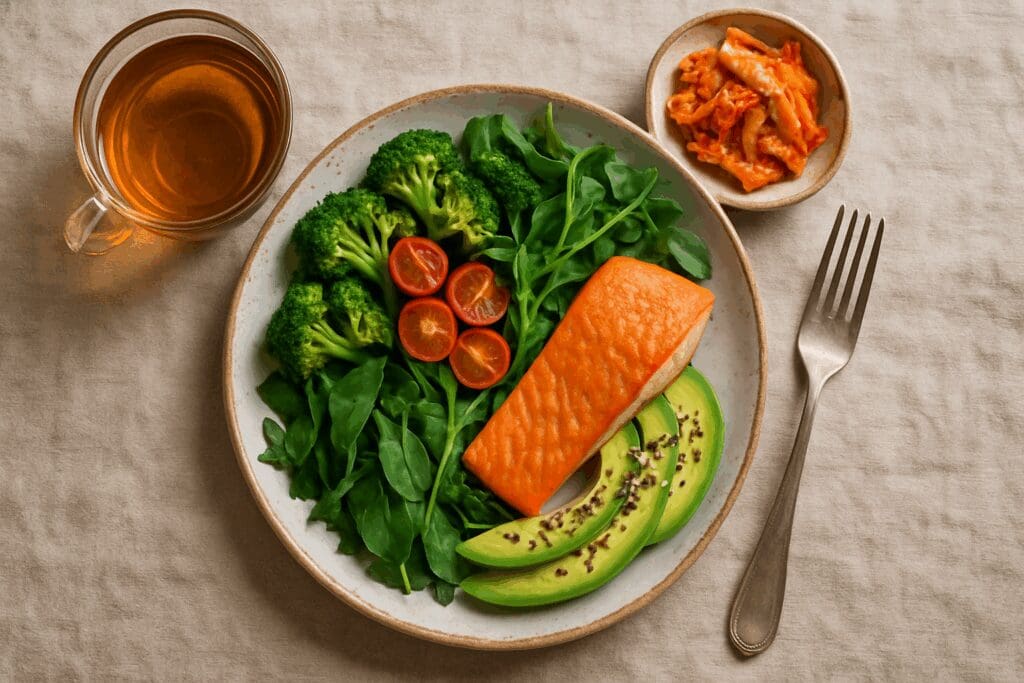 Nutrient-rich plate for a perimenopause nutrition plan with salmon, greens, avocado, kimchi, and herbal tea.
