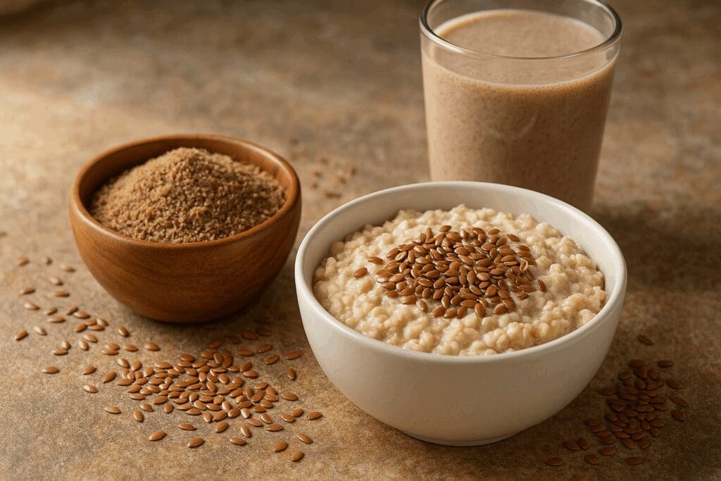 Ground flaxseeds in a wooden bowl, flaxseed oatmeal, and a flaxseed smoothie—part of 9 foods that fight hot flashes