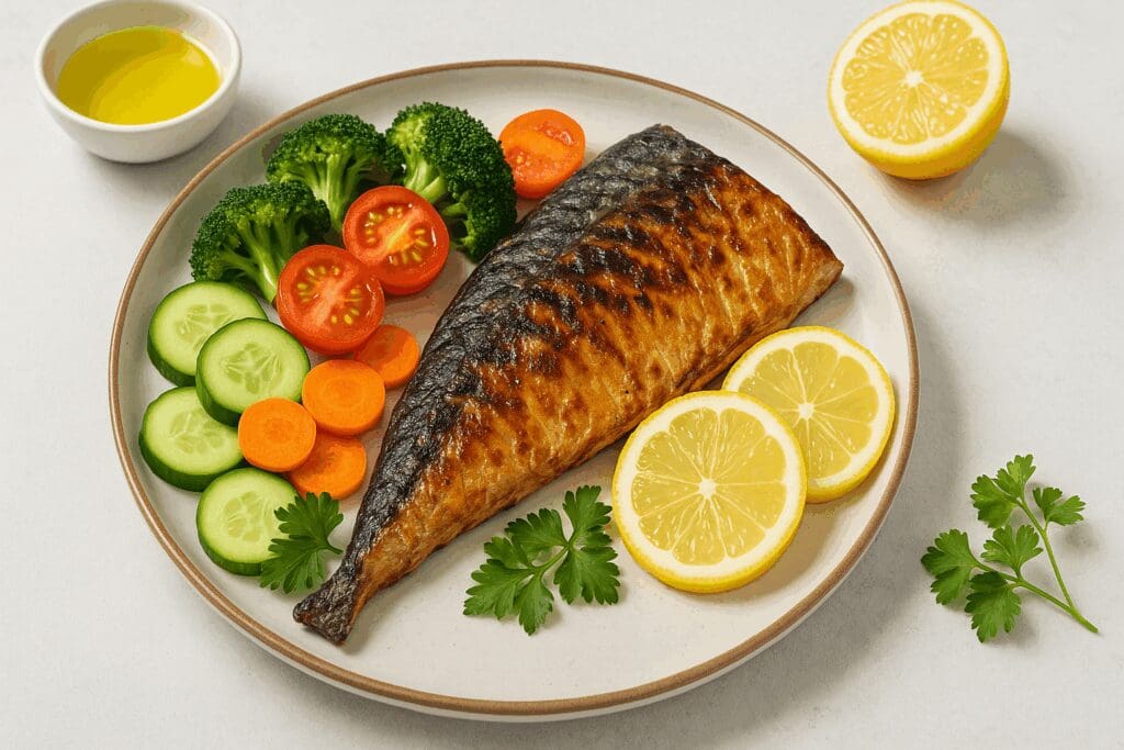 Grilled mackerel served with fresh lemon slices, broccoli, tomatoes, and cucumbers—one of 9 foods that fight hot flashes.