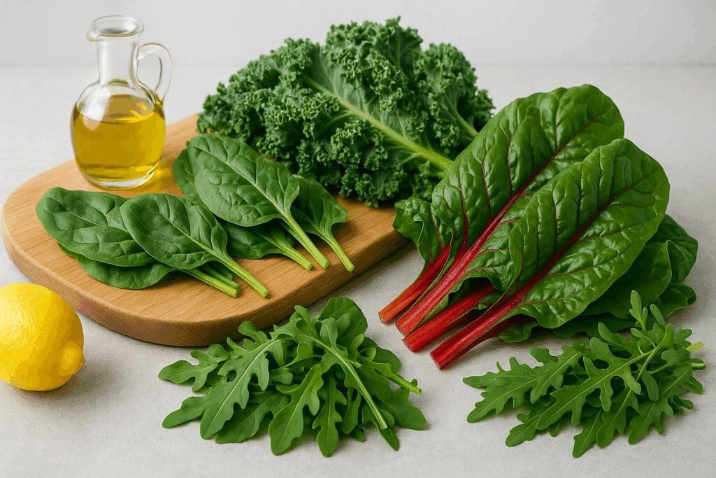 Fresh leafy greens including kale, spinach, Swiss chard, and arugula with olive oil and lemon—one of the 9 foods that fight hot flashes.