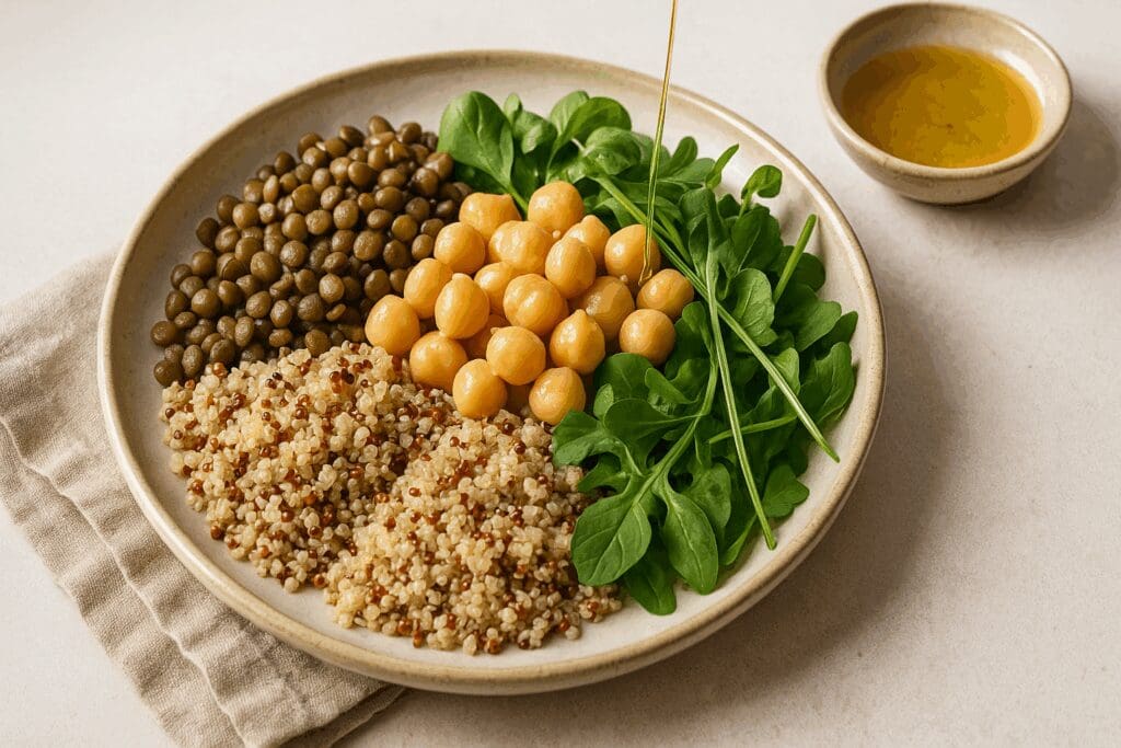 Chickpeas, lentils, quinoa, and leafy greens arranged in a Mediterranean lunch bowl representing 9 foods that fight hot flashes