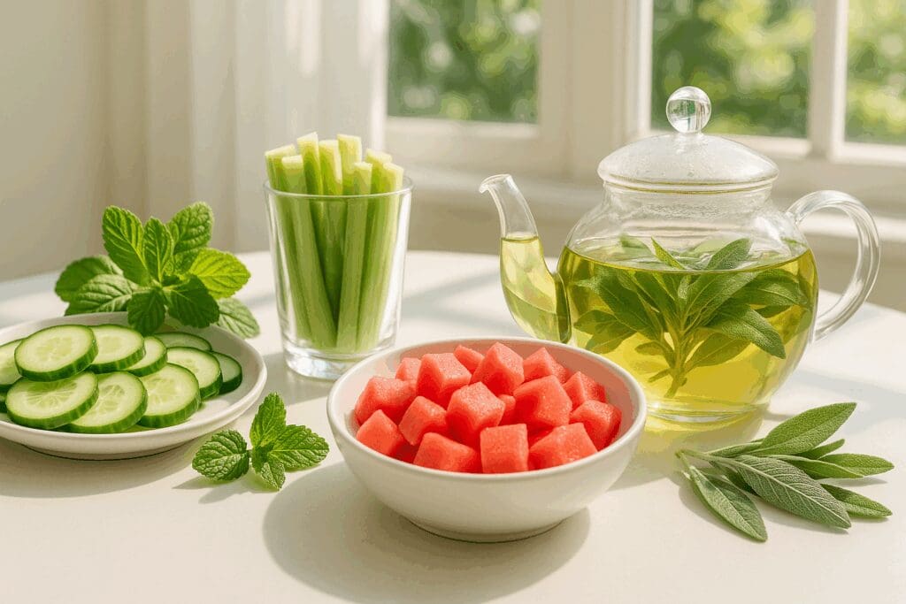 Refreshing summer foods including cucumber, watermelon, celery, and sage tea—9 foods that fight hot flashes.